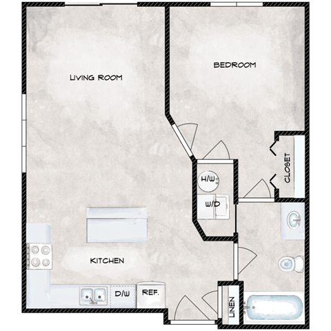 Floor plan for 1 bed, 1 bath, 587 sqft
